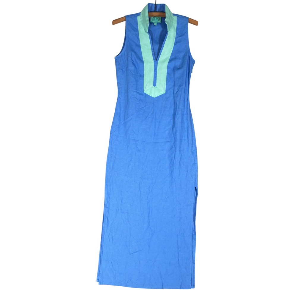 Sail to Sable Blue Linen Tunic Shift Maxi Dress Mint Trim XS Resortwear Bohemian